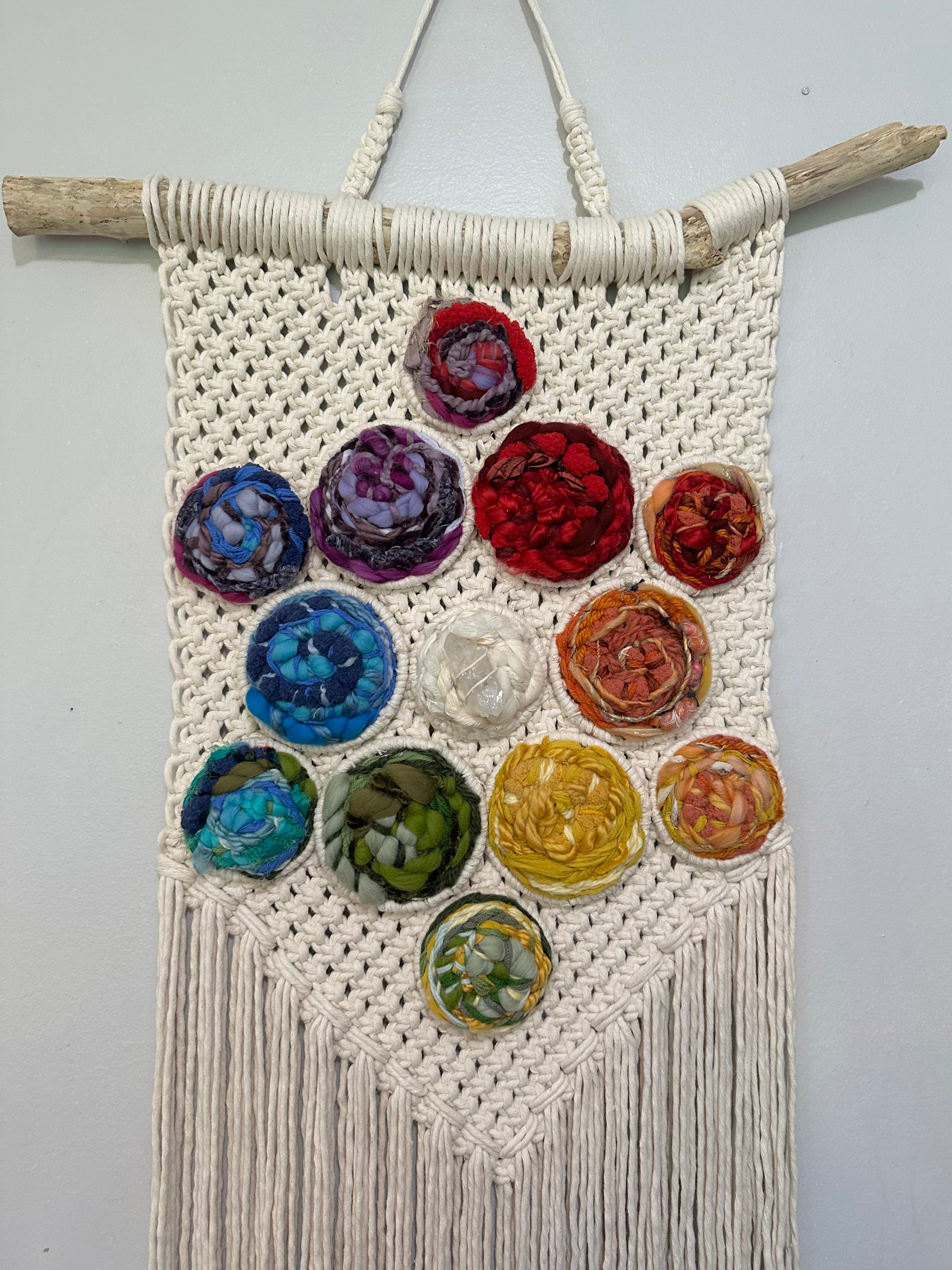 Color wheel with lemurian crystal – i literally can knot macrame